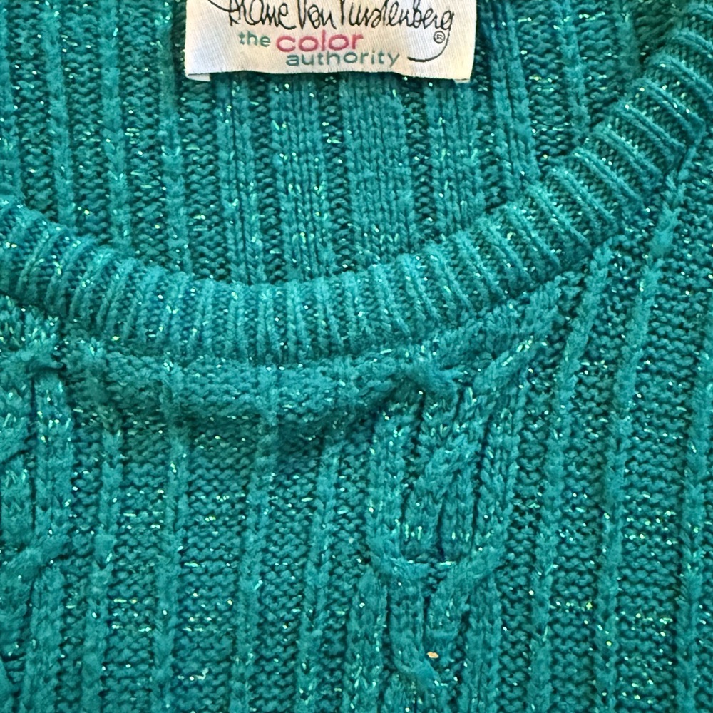 Vintage Diane von Furstenberg Teal Metallic Cable Knit Sweater Color Authority L